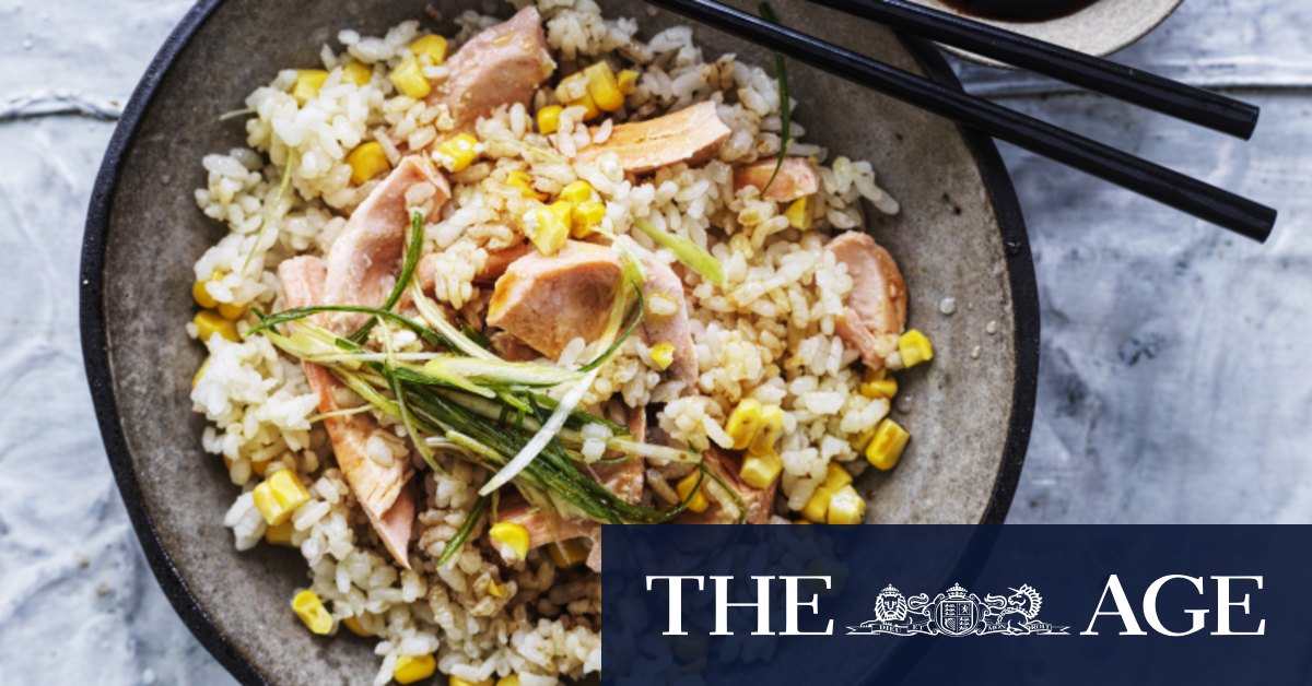 Adam Liaw recipe salmon and corn rice, and misoroasted eggplant