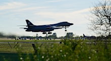 A Rockwell B1 Lancer heavy bomber takes off from RAF Fairford.