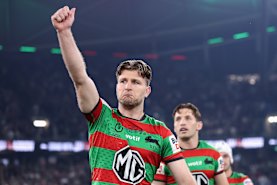 Jai Arrow salutes the crowd during his 100th match for South Sydney.