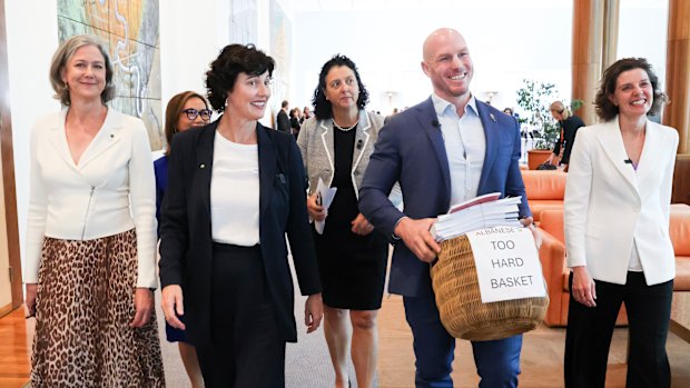 “Too hard basket” … Independent MPs Nicolette Boele, Dai Le, Kate Chaney, Monique Ryan, David Pocock and Allegra Spender.