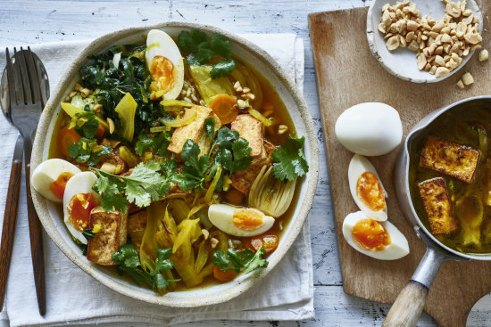 Karen Martini’s braised tofu with fennel, wombok, egg, brown rice and peanuts.