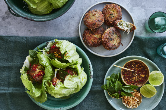 Pork, bean thread vermicelli and makrut lime patties with lettuce, peanuts and Thai dressing.