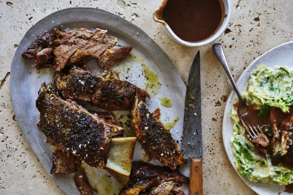 Roast lamb shoulder rubbed with herbs de provence (and a side of Brussels sprouts colcannon).