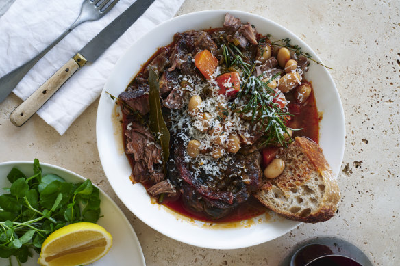 Karen Martini’s veal osso bucco with ’ndjua, rosemary, white wine and butter beans.