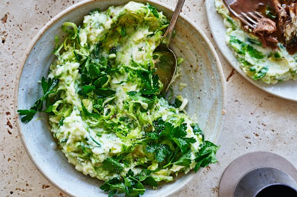 Colcannon (Irish-style mashed potato) with Brussels sprouts and parsley is a welcome change alongside a roast.
