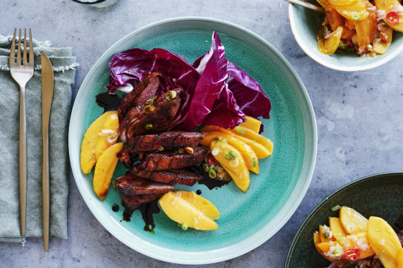 Serve this sticky five-spice duck breast with persimmon, pickled ginger and chilli relish, and a simple radicchio salad.