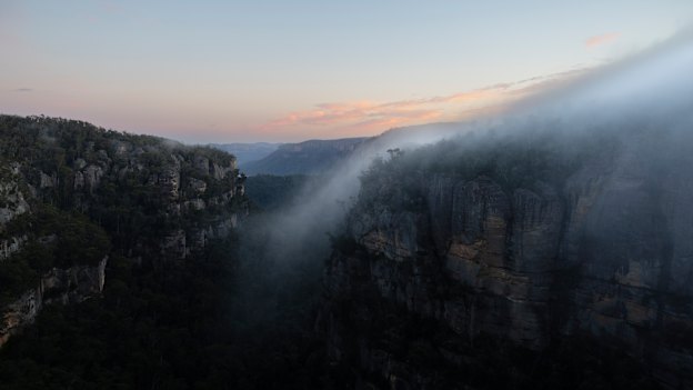 Dawn over Carne Creek Gorge in the Gardens of Stone State Conservation Area, where the government is building a multi-day walk and considering a proposal for glamping cabins.