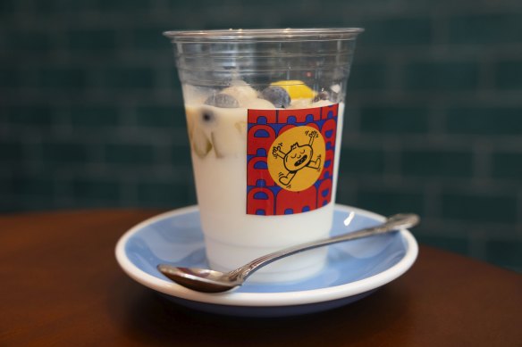Soy pudding fruit salad.