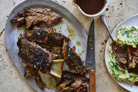 Roast lamb shoulder rubbed with herbs de Provence (and a side of Brussels sprouts colcannon).