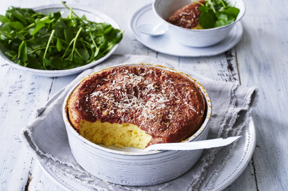 This garlic and three-cheese souffle loves the company of a simple, green, leafy salad.
