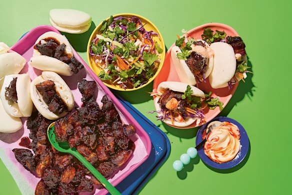 Store-bought bao and slaw transform glazed pork belly bites into a speedy weeknight dinner.