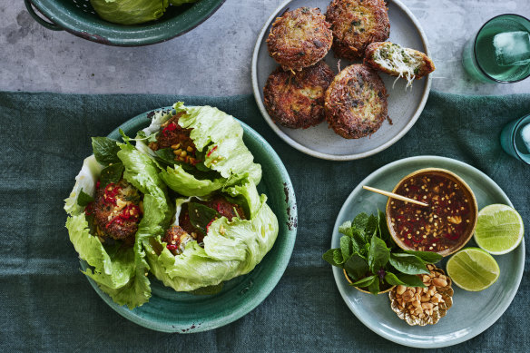 Pork, bean thread vermicelli and makrut lime patties with lettuce, peanuts and Thai dressing.