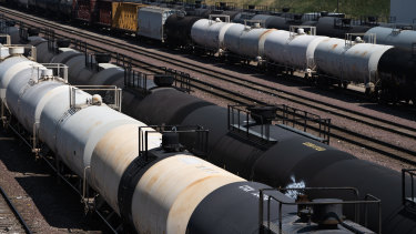 Tank cars filled with oil in storage at the BNSF Railway Company's Watson Yard in Wilmington, California. US inventory builds turned out less dire than some expected.