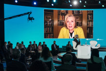 Hillary Clinton addresses the Bloomberg New Economy Forum in Singapore on Friday.