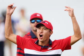 Collin Morikawa celebrates on the 17th green after sealing Americaâ€™s victory in the Ryder Cup.