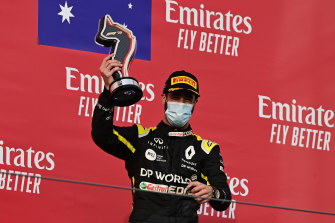 Third-placed Daniel Ricciardo on the podium for Renault on Sunday.