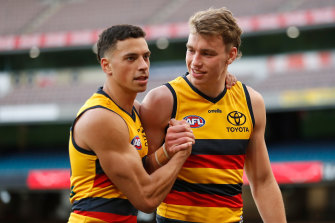 Adelaideâ€™s Ben Davis and Riley Thilthorpe (right).