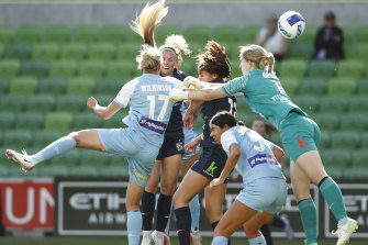 Hannah Wilkinson scores for Melbourne City against Adelaide United on Saturday.