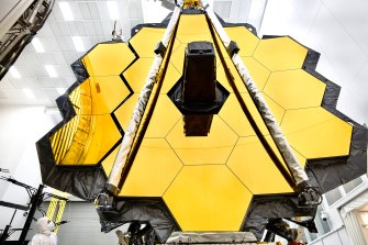 The James Webb telescope’s central gold-plated mirror array.