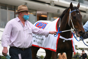 Trainer Peter Moody with Incentivise after victory in the Makybe Diva Stakes.