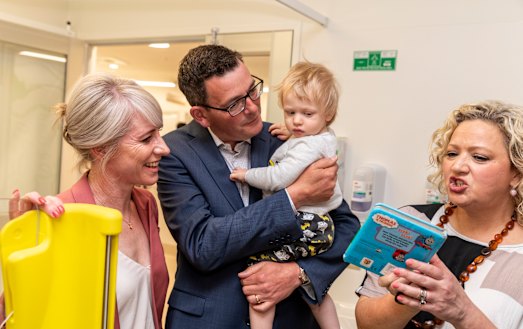 Daniel Andrews, wife Cath and Health Minister Jill Hennessy.