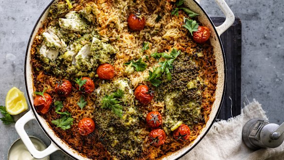 Baked blue-eye with olive, lemon & spiced rice pilaf.