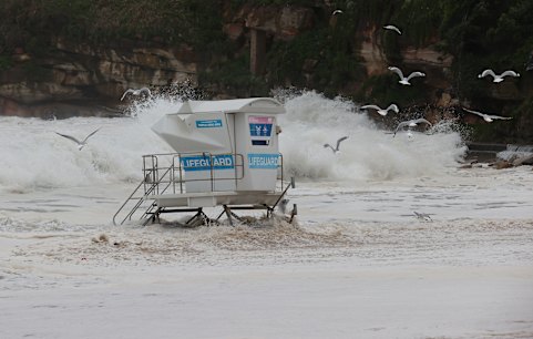 The lifeguard tower at Bondi Beach at high tide on Saturday morning.
