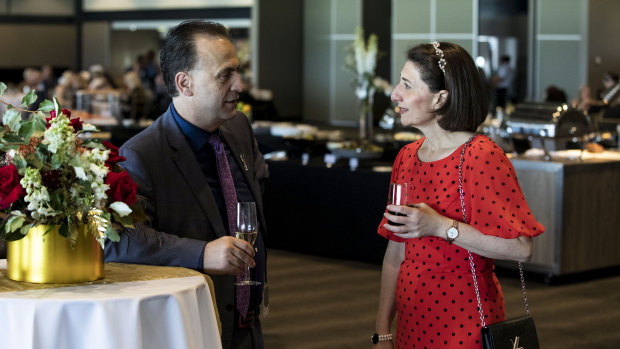 Peter V'landys and Gladys Berejiklian enjoying a shandy at last year's inaugural Golden Eagle Day at Rosehill Gardens.