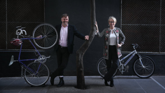 Lord mayor Sally Capp and transport portfolio chair Nic Frances-Gilley launching the council's cycling strategy.