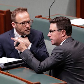 Greens leader Adam Bandt, left, with Agriculture and Water Resources Minister David Littleproud during Question Time on Wednesday.
