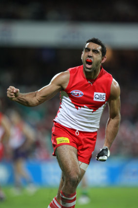 Adam Goodes celebrates after kicking one of his eight goals.