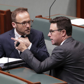 Greens leader Adam Bandt, left, with Agriculture and Water Resources Minister David Littleproud during Question Time on Wednesday.