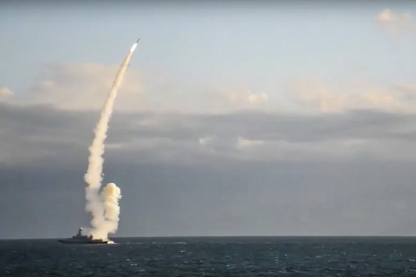 A Russian warship launches a cruise missile at a target in Ukraine. 