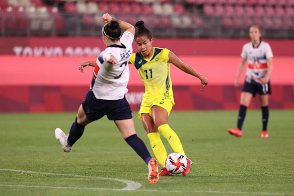 Mary Fowler fires the Matildas in front courtesy of a huge deflection.