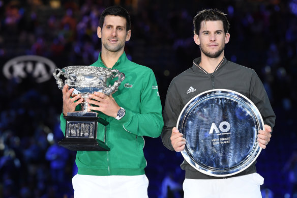 Novak Djokovic, left, and Dominic Thiem at the Australian Open this year. 