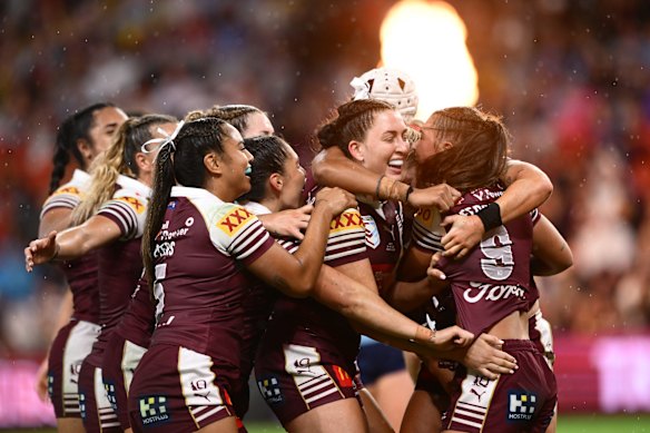 Queensland celebrate Jada Ferguson’s try.
