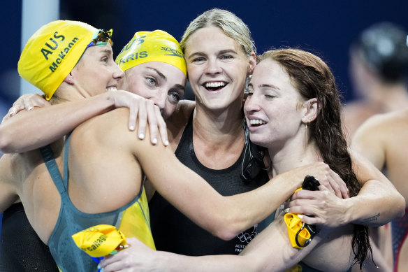 Winners: Emma Mckeon, Meg Harris, Shayna Jack and Mollie O’Callaghan celebrate their gold-winning performance.