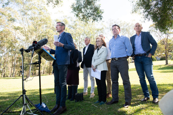 Premier Dominic Perrottet speaks during a press conference in Lismore on Wednesday. 