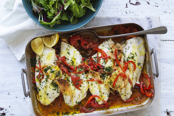 Roasted snapper with fennel and tomato.