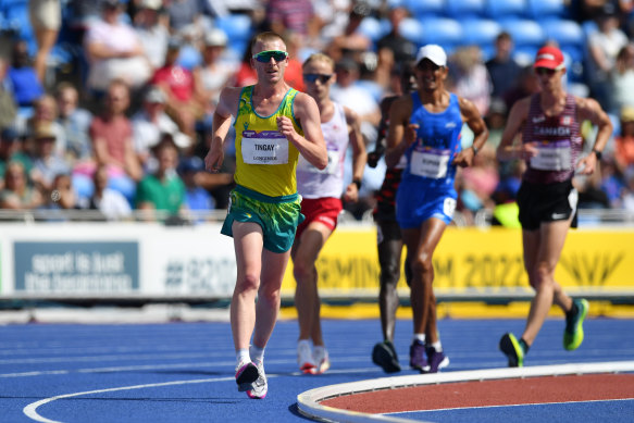 Australia’s Declan Tingay won silver in the men’s 10,000 race walk.