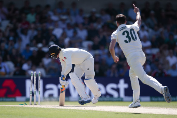 England opener Jason Roy is bowled by Pat Cummins towards the end of day three.