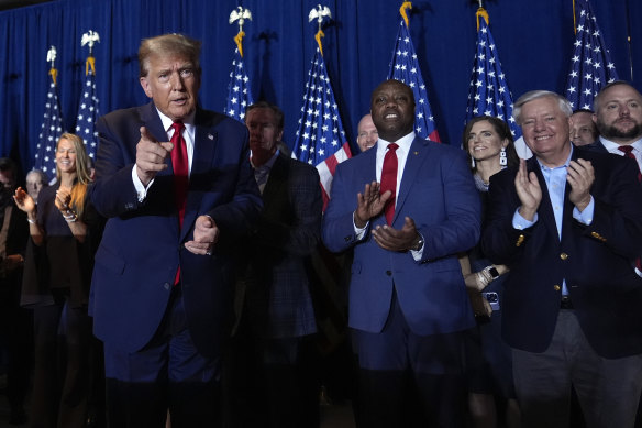 Republican presidential candidate former President Donald Trump attends a primary election night party.