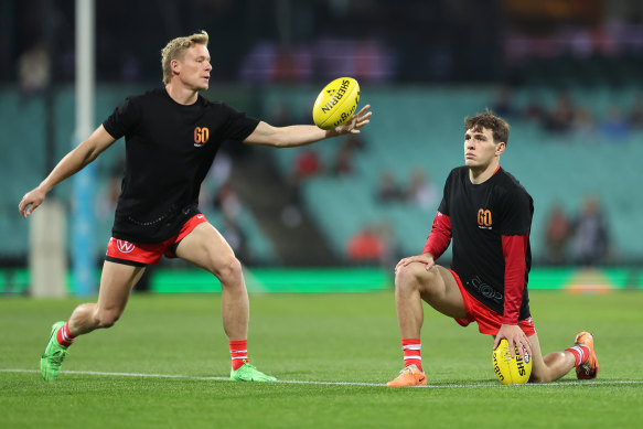 Isaac Heeney and Errol Gulden of the Swans before tonight’s game against Carlton at the SCG.