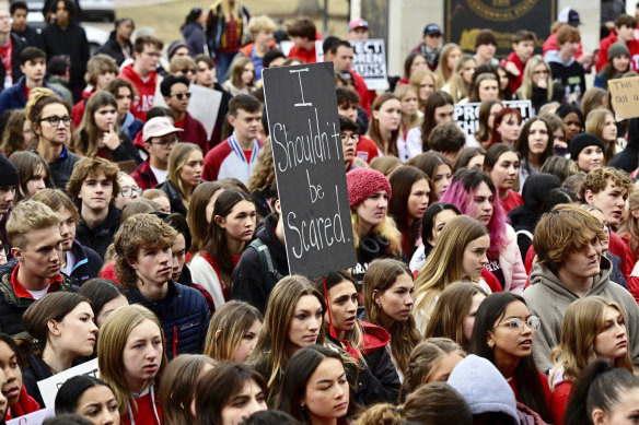 Students from Denver’s East High School protest outside the Colorado Capitol in Denver last month.
