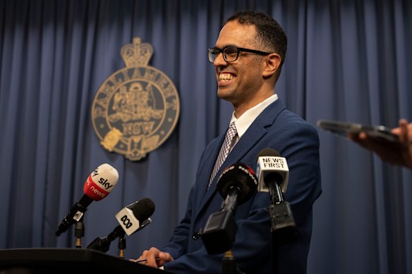 Incoming NSW Treasurer-elect Daniel Mookhey at a press conference on Monday.