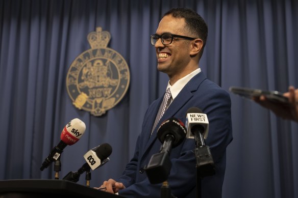 Incoming NSW Treasurer-elect Daniel Mookhey at a press conference on Monday.