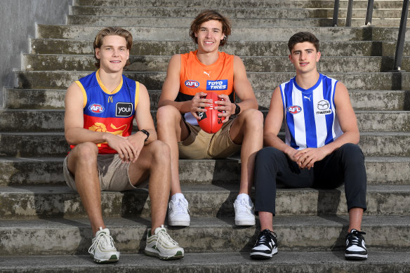Will Ashcroft, Aaron Cadman and Harry Sheezel, pictured left to right, were top picks in last year’s draft.
