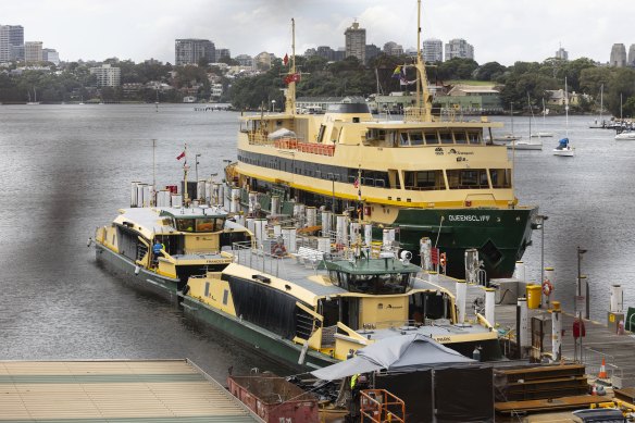 The Ruth Park ferry, in the foreground, is tied up at the Balmain shipyard on Tuesday. 