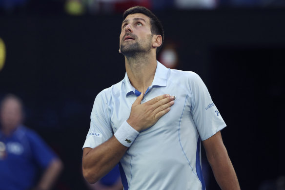 Novak Djokovic breathes a sigh of relief after winning his way into the semi-finals with his defeat of Taylor Fritz.