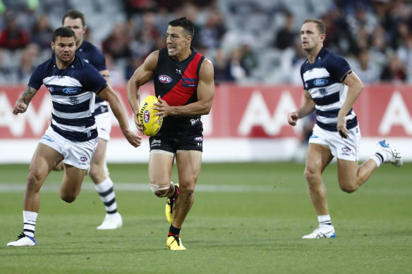 Dylan Shiel on the move for the Bombers on Saturday night.